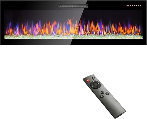 Lofaris Chimenea eléctrica, vidrio templado ultrafino empotrado montado en la pared frontal, estilos de visualización integrados, con control remoto