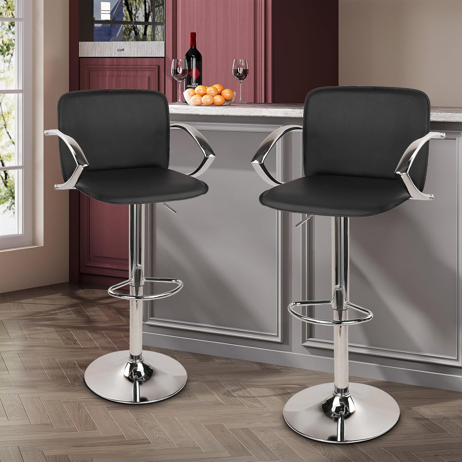 KLASIKA Bar Stool Set of 2 Adjustable Height Counter Stools Bar Chairs with Armrests, Ergonomic Backrest and Footrest, 360 Degree Swivel Seat, Leather Barstools for Kitchen, Dining Room, Black
