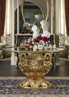 Casa Padrino Luxus Barock Esstisch Gold/Silber Ø 120 x H. 78 cm - Prunkvoller handgeschnitzter Esszimmertisch mit Glasplatte - Hotel Restaurant Schloss Möbel - Luxus Qualität - Made in Italy