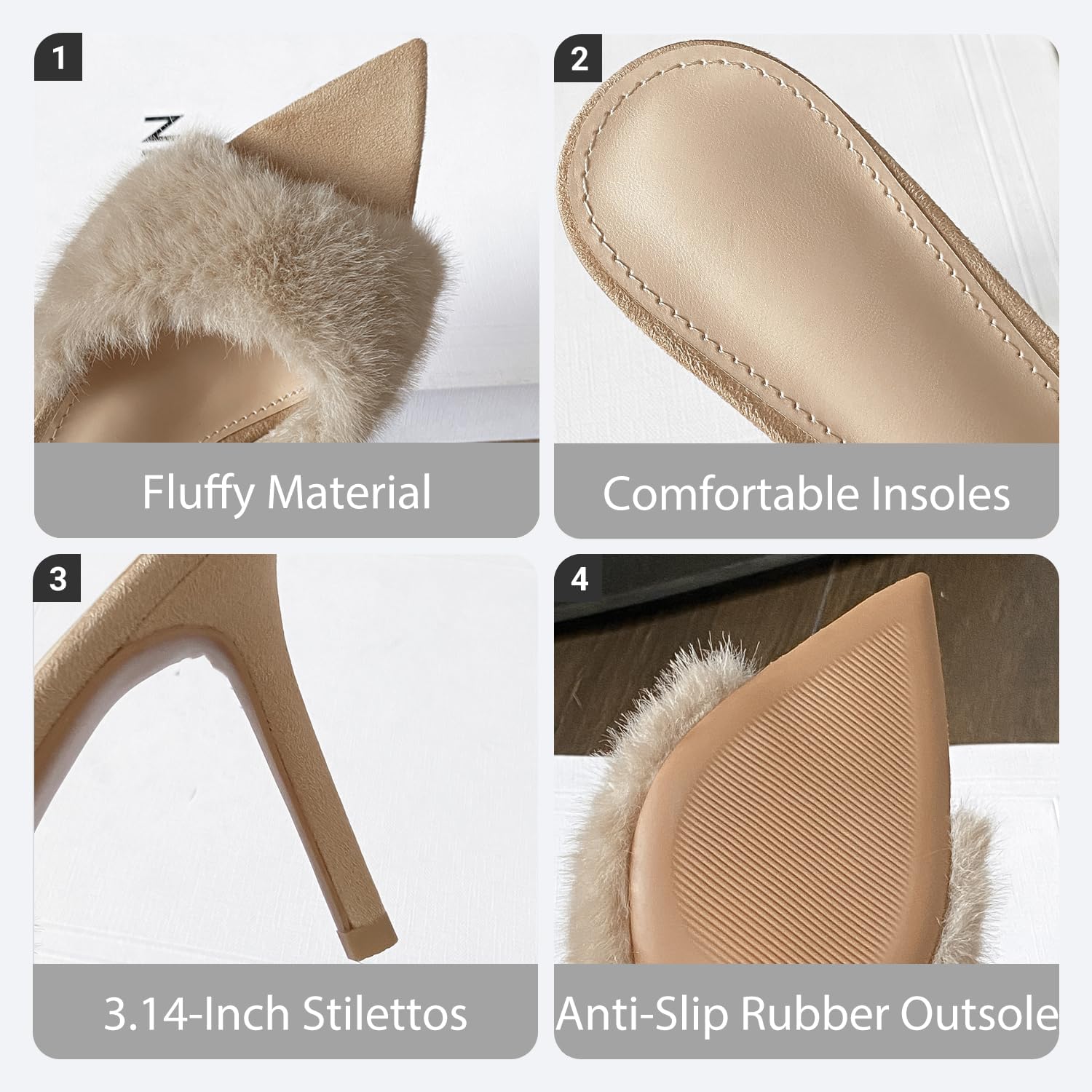 Women'S Pointed Open-Toe Stiletto Cute Fuzzy Slide Sandals Sexy Slip On High Heel Feather Mules Wedding Birthday Bridal Party Dress Backless Slipper Pumps - Image 5