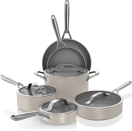 Ninja Ceramic Pro 10-Piece Cookware Set, Non-Stick Pots & Pans Set with Glass Lids, Nontoxic, PTFE Free, Ceramic Coated, Oven Safe, All Stovetops & Induction Compatible, Stone, CW39010ST