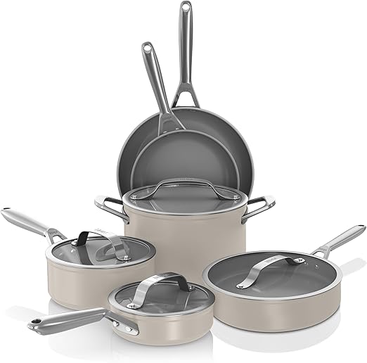 Ninja Ceramic Pro 10-Piece Cookware Set, Non-Stick Pots & Pans Set with Glass Lids, Nontoxic, PTFE Free, Ceramic Coated, Oven Safe, All Stovetops & Induction Compatible, Stone, CW39010ST
