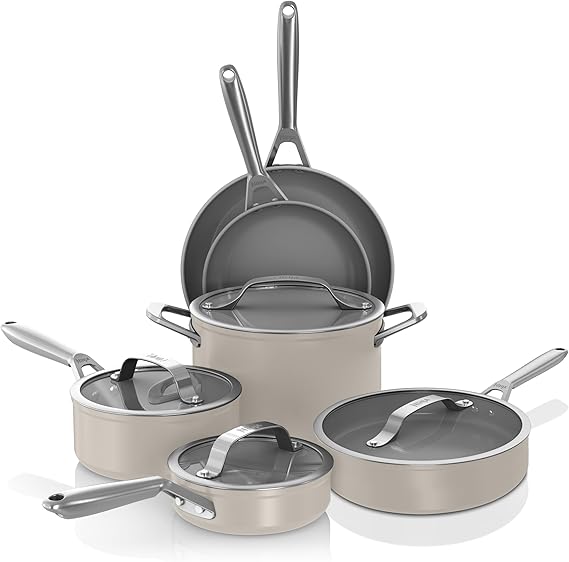 Ninja Ceramic Pro 10-Piece Cookware Set, Non-Stick Pots & Pans Set with Glass Lids, Nontoxic, PTFE Free, Ceramic Coated, Oven Safe, All Stovetops & Induction Compatible, Stone, CW39010ST