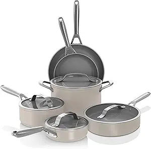 Ninja Ceramic Pro 10-Piece Cookware Set, Non-Stick Pots & Pans Set with Glass Lids, Nontoxic, PTFE Free, Ceramic Coated, Oven Safe, All Stovetops & Induction Compatible, Stone, CW39010ST