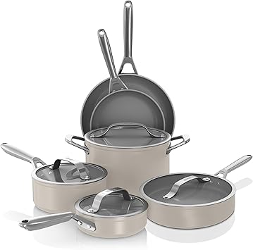 Ninja Ceramic Pro 10-Piece Cookware Set, Non-Stick Pots & Pans Set with Glass Lids, Nontoxic, PTFE Free, Ceramic Coated, Oven Safe, All Stovetops & Induction Compatible, Stone, CW39010ST