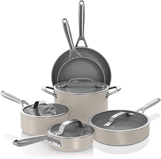 Ninja Ceramic Pro 10-Piece Cookware Set, Non-Stick Pots & Pans Set with Glass Lids, Nontoxic, PTFE Free, Ceramic Coated, Oven Safe, All Stovetops & Induction Compatible, Stone, CW39010ST