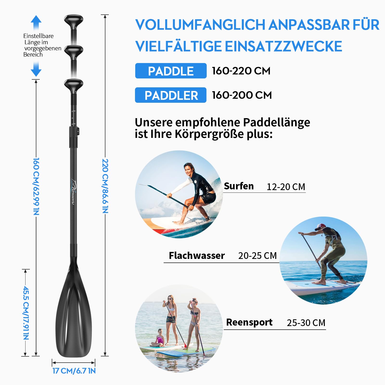 FOWAWU Halbcarbon- / Carbon-SUP-Paddel – 3-teiliges verstellbares Paddel für Stand-up-Paddleboards – Leichtes & schwimmendes Ruder für SUP-Bretter