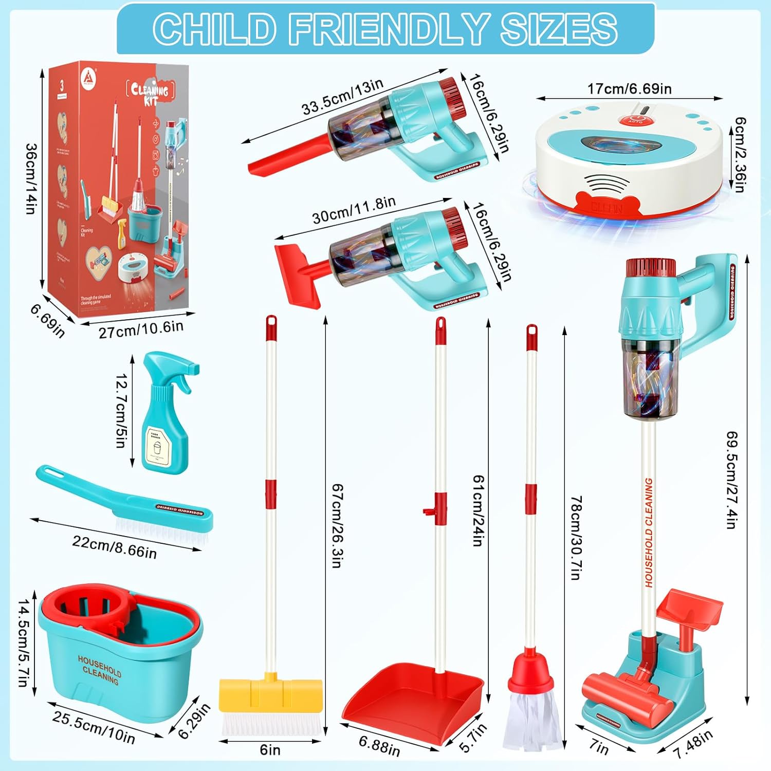 10 Pcs Kids Cleaning Toy Set, 3-in-1 Kids Vacuum That Really Works, Toddler Broom and Cleaning Set for Kid Play Home Cleaning - Perfect Toddler Vacuum Toy Gifts for Boys & Girls Ages 3+