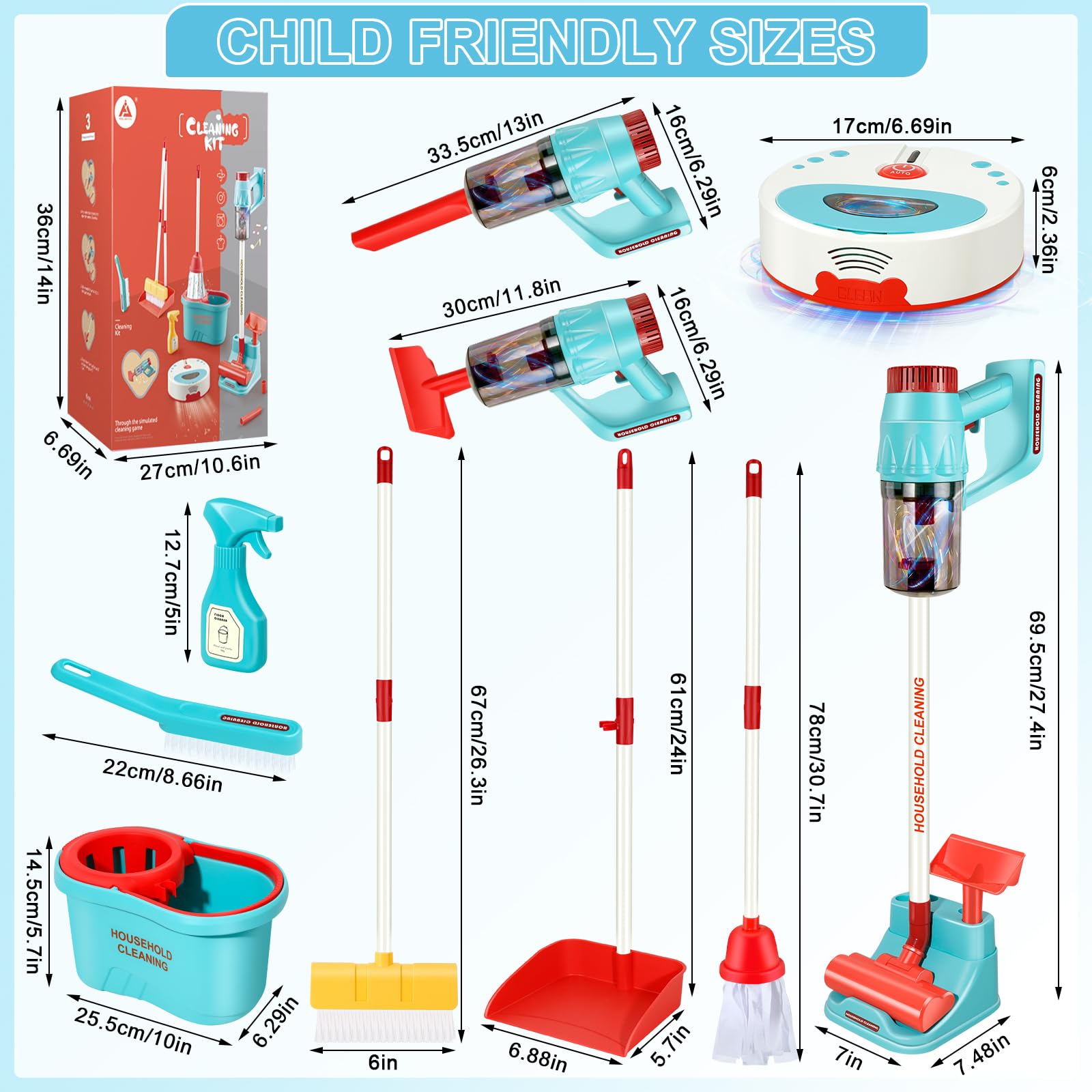 Hazms 10 Pcs Kids Cleaning Toy Set, 3-in-1 Kids Vacuum That Really Works, Toddler Broom and Cleaning Set for Kids Play Home Cleaning - Perfect Toddler Vacuum Toy Gifts for Boys & Girls Ages 3+