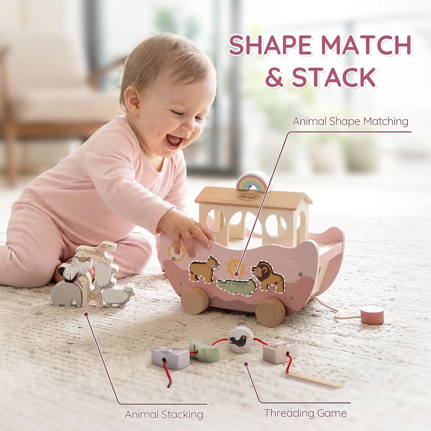 Joyreal Pink Wooden Noah's Ark Toy for 1 Year Old Baby Girl Baptism Gift - Montessori Educational Toy with Animal Shape Sorter - Christian Toys for Toddler Boy 1-3 Years Old Christmas Birthday Gift