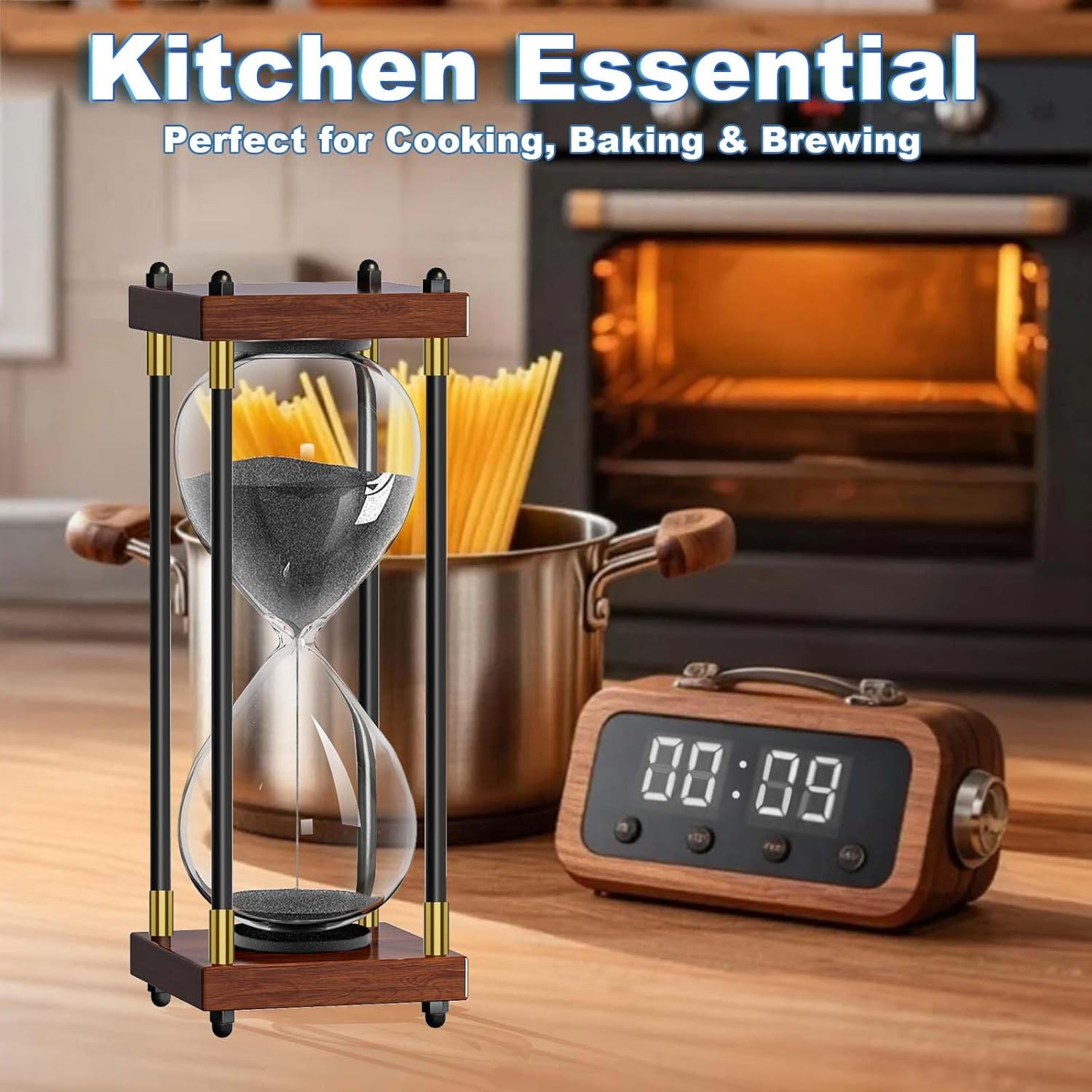 60 Minutes Hourglasses: Large 10 Inch Wooden Sand Timer Clock, Reloj De Arena 1 Hora, Antique Sand Watch 60 Min, 1 Hour Sandglass for Home Office Desk Decorative (Black Sand)