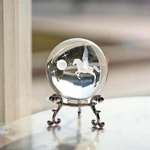 HDCRYSTALGIFTS Bola decorativa de cristal de pegaso grabada con láser 3D con soporte plateado, campo de cristal, esfera de cristal, decoración del