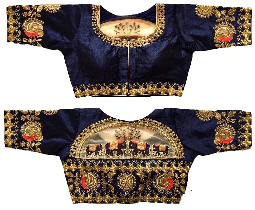 Pujia Mills Women's Phantom Silk Elephant Half Sleeve Saree Blouse (Navy Blue, 38)