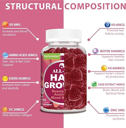Miniatura 3 de Gomitas veganas para el crecimiento del cabello, 120 unidades clínicamente probadas para un cabello más grueso y lleno  Minerales multivitamínicos