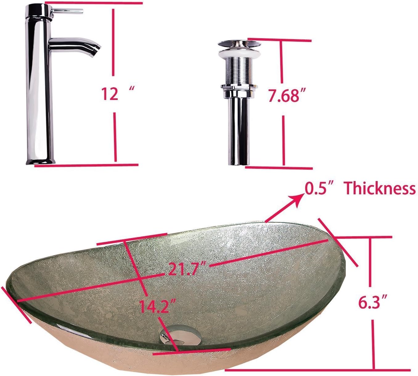 Artistic Boat Oval Sink Bowl Bathroom Glass Vessel Sink with Artistic Oil Rubbed Faucet & Drain