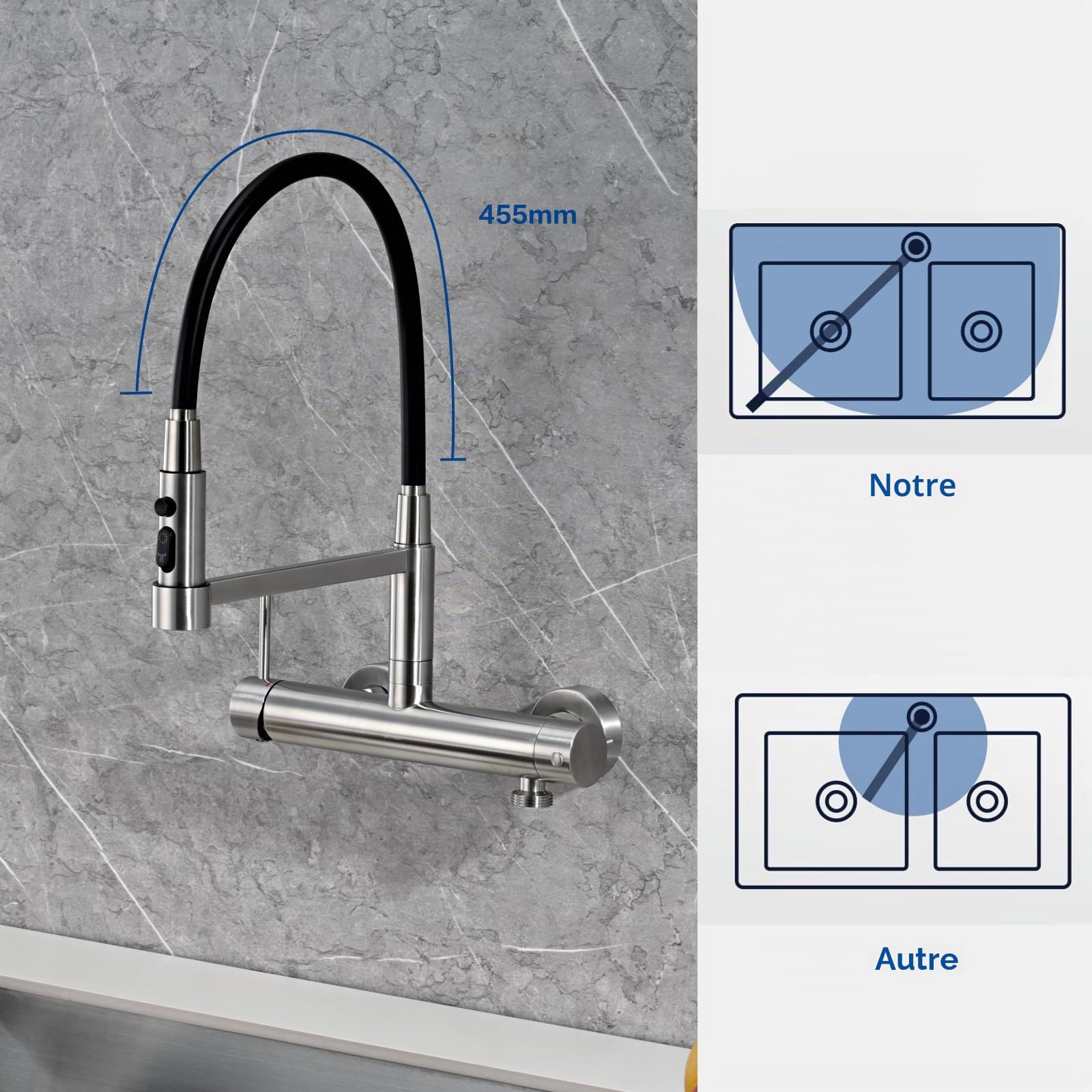 Robinet Cuisine Mural avec Interface 3/4 pour Lave-vaisselle, Argent | 3 Jets d'eau Mitigeur Evier Cuisine, Rotation à 360°, Mitigeur Cuisine Flexible (Hauteur totale 385mm)