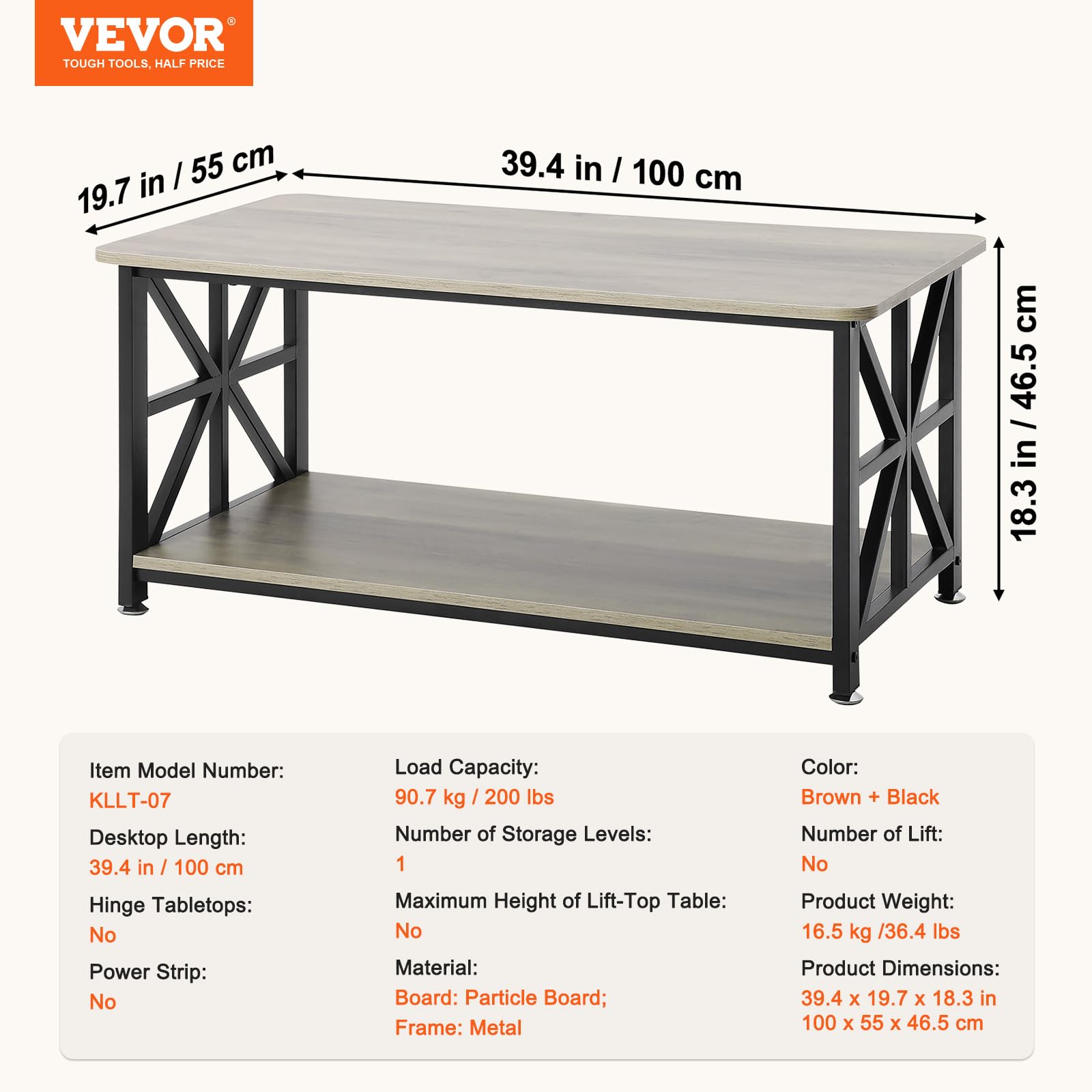 VEVOR Mesa de Centro Rústica de 1000 x 500 x 465 mm, Mesa de Centro Rectangular con Compartimento de Almacenamiento Abierto Mesa de Madera para Sala de Estar, Apartamento, Dormitorio, Marrón y Negro