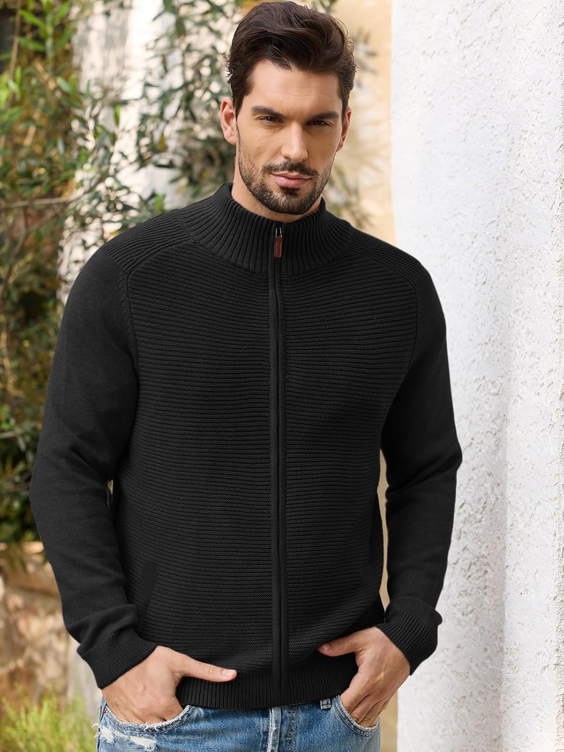 Les umes Men's Knitted Full Zip Sweater Cardigan Front Stand Collar Knitwear with Pockets