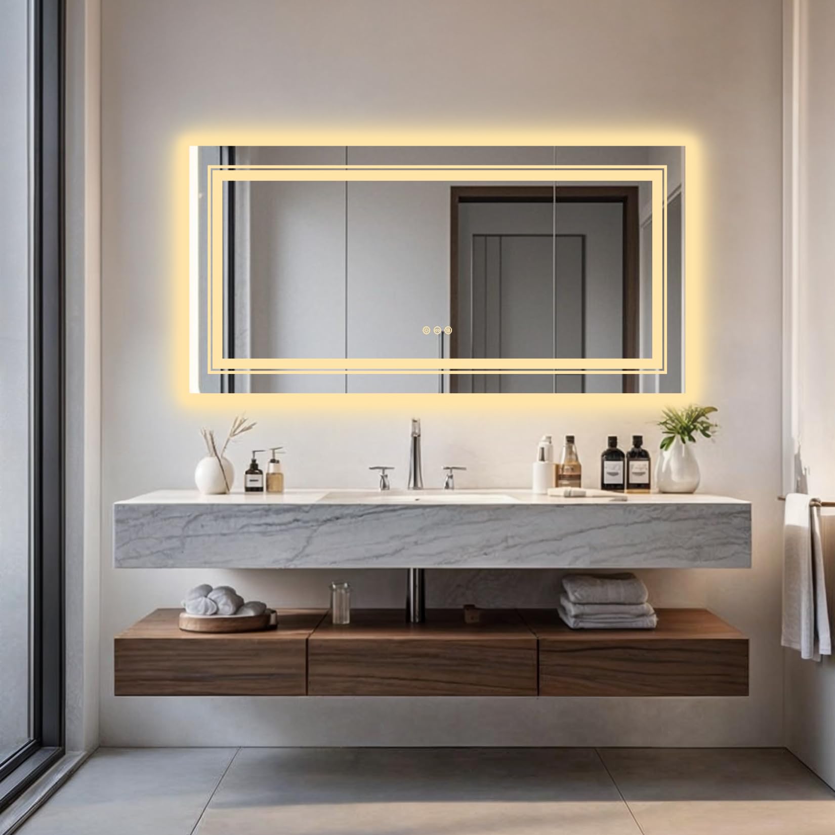 Wisfor LED Bathroom Wall Mirror: 1400x700mm Large Dimmable Lighted Super Bright Makeup Vanity Shaving Mirror with Anti Fog Smart Touch Switch Backlit and Front Light, Horizontal/Vertical