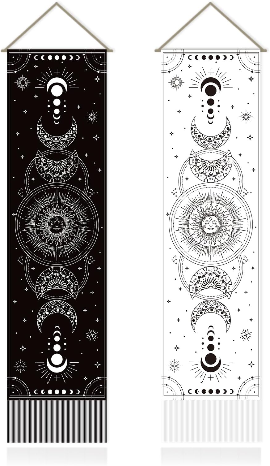 SUPERDANT 2Pcs Moon Phase Tapestry Moon Face Wall Art Tapestry Sun Stars Wall Blanket Tapestries Wall Hanging with Tassel for Living Room Bedroom Decor 130x33cm