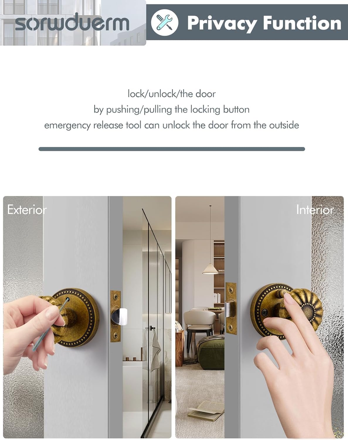 Antique Brass Door Knobs Interior Privacy Door Knob for Bedroom and Bathroom,Zinc Alloy 4 Pack