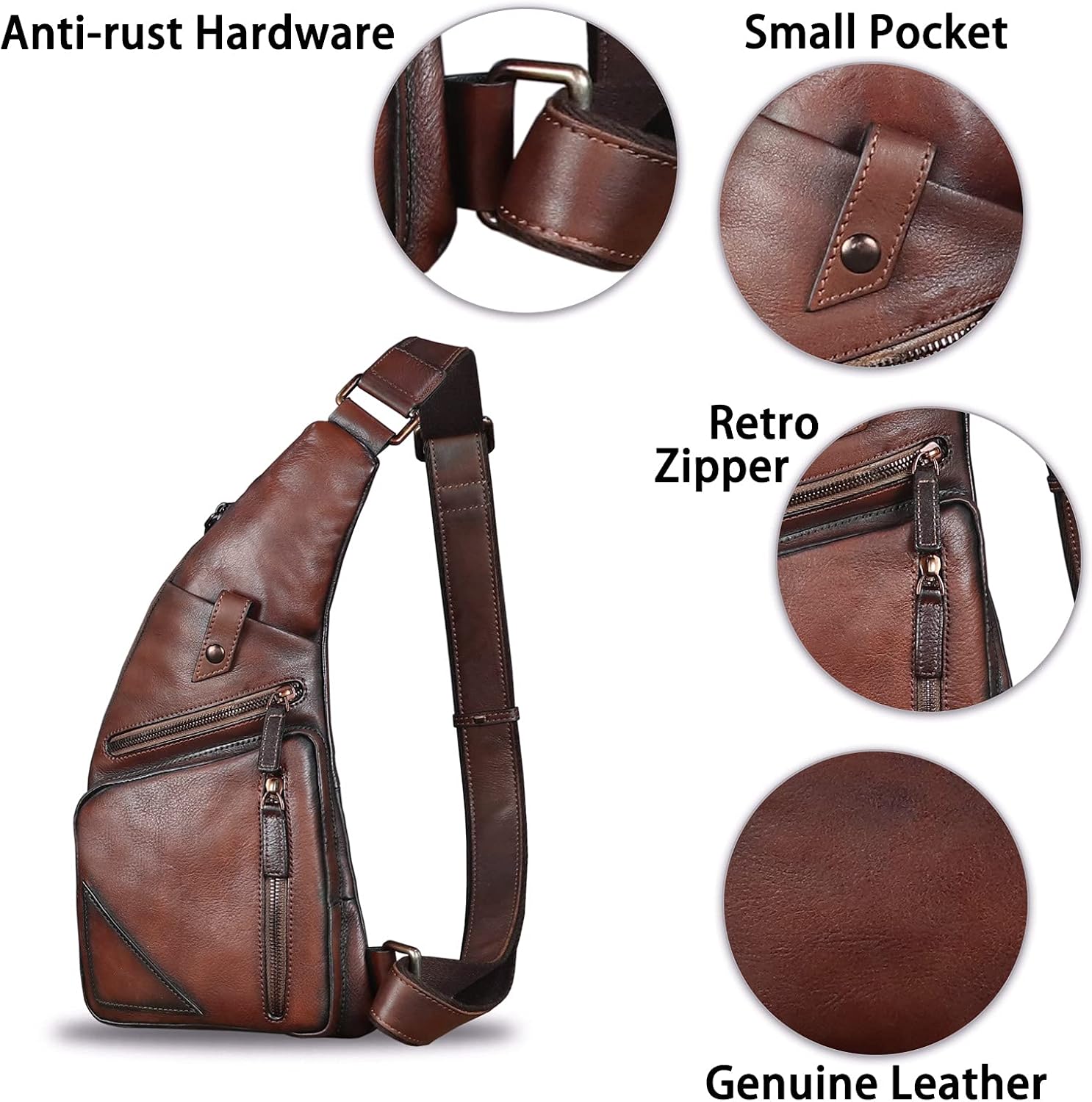 Genuine Leather Sling Bag for Men Vintage Handmade Crossbody Daypack Hiking Backpack Retro Crossbody Shoulder Bags (LightCoffee) - Image 6