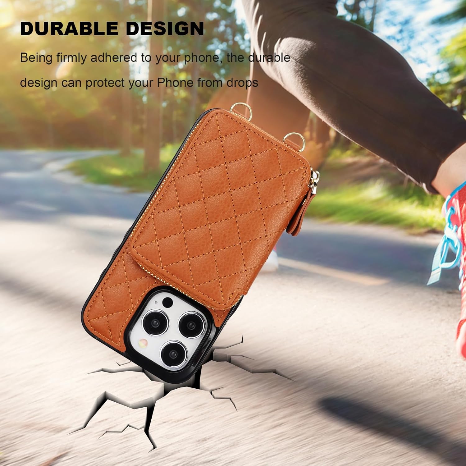 Bocasal Crossbody Wallet Case for iPhone 15 Pro, RFID Blocking PU Leather Zipper Handbag Purse Flip Cover, Kickstand Folio Case with Card Slots Holder Wrist Strap Lanyard 5G 6.1 Inch (Brown)