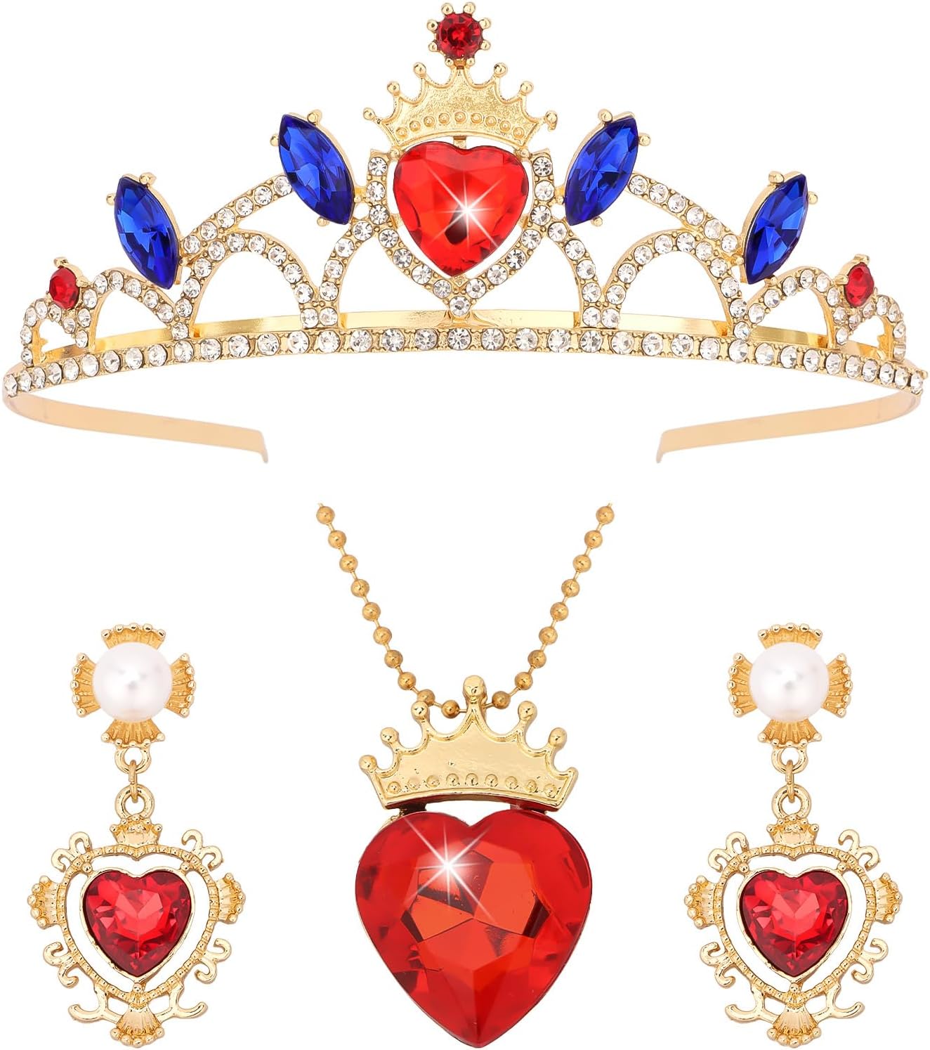 Evie Descendants Costume Adult, Blue Descendants Queen of Hearts Crown & Necklace, Earrings Jewelry Set for Birthday Party Costume Accessory