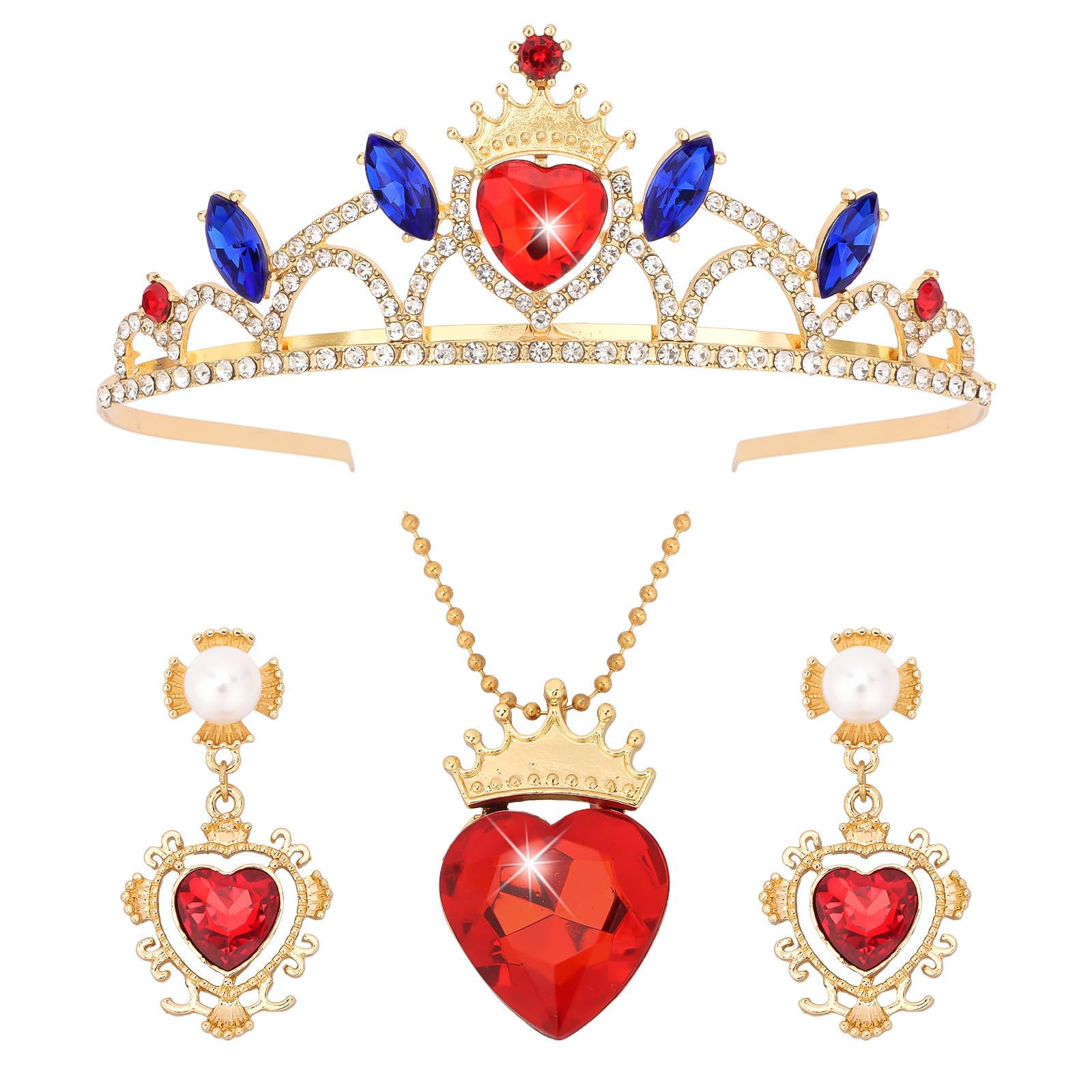 Evie Descendants Costume Adult, Blue Descendants Queen of Hearts Crown & Necklace, Earrings Jewelry Set for Birthday Party Costume Accessory