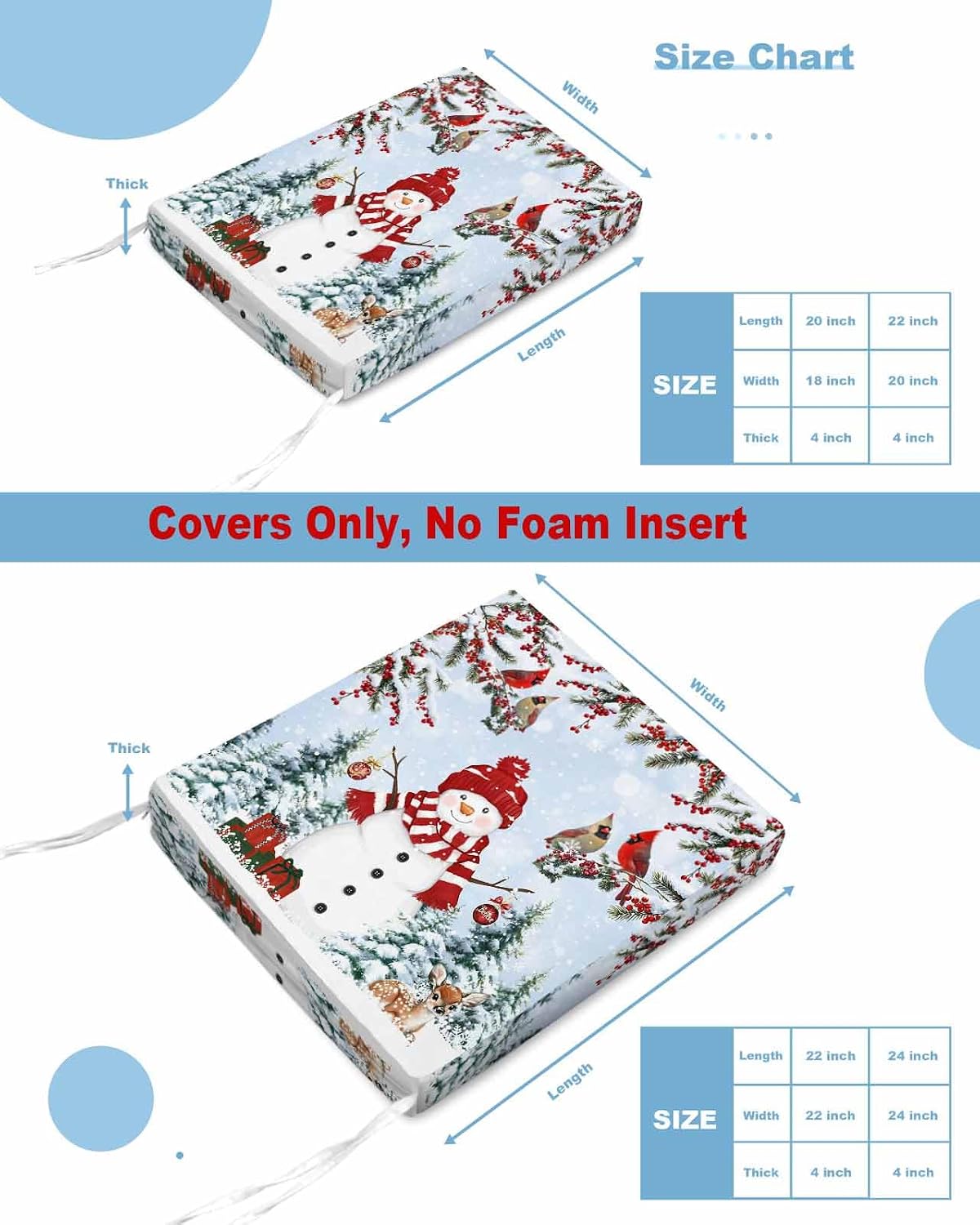 Blue Snowman Christmas Outdoor Waterproof Seat Cushion Covers 24x24, Patio Chair Slipcover with Ties Set of 2, Xmas Tree Branch Birds Replacement Seat Furniture Protector for Garden