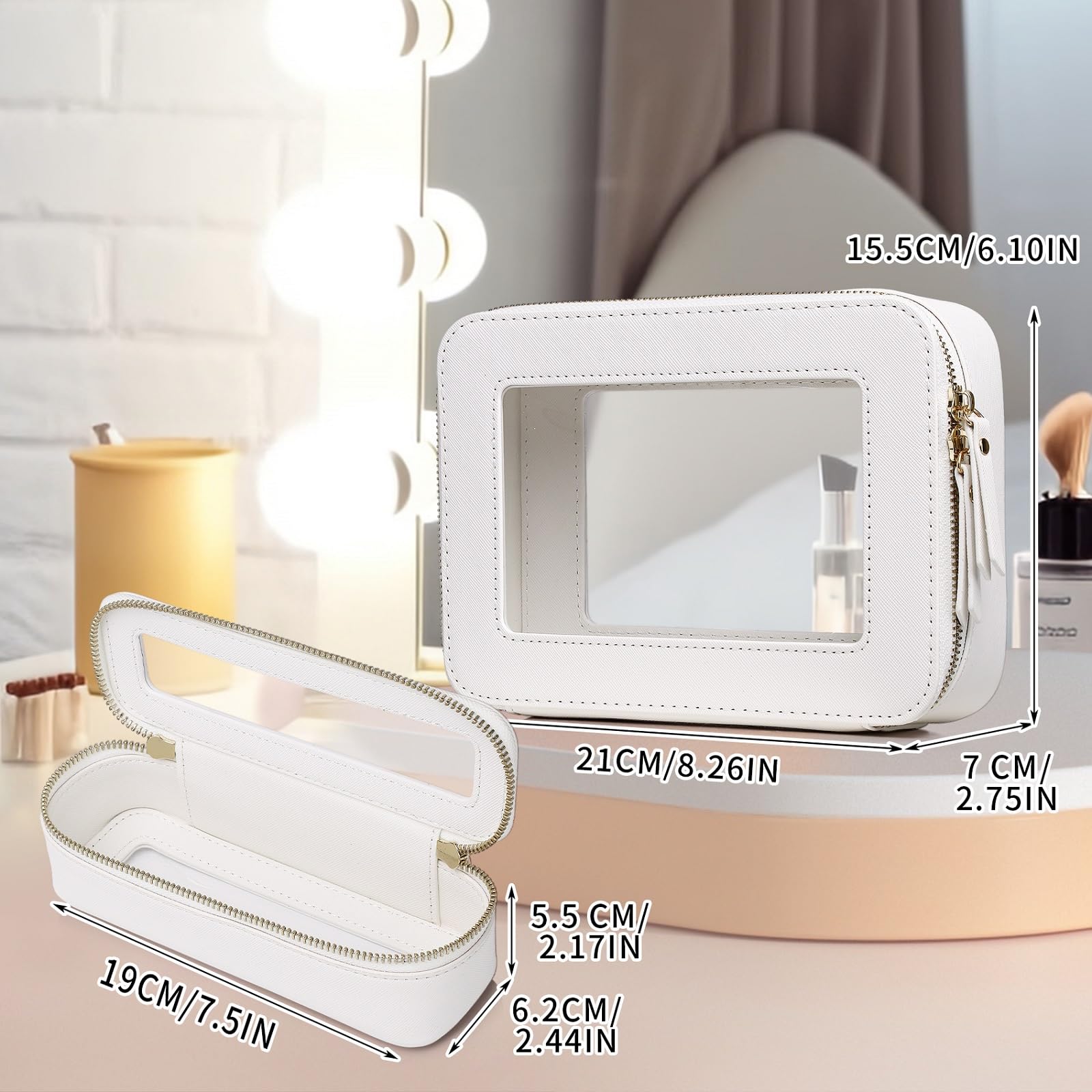 Pinkmik Petit Sac à Maquillage Transparent Mini Trousse de Cosmétiques Étanche avec Fermeture Éclair - Trousse de Toilette pour Femme - Organisateur de Sac à Main & Essentiels de Voiture, blanc, M+