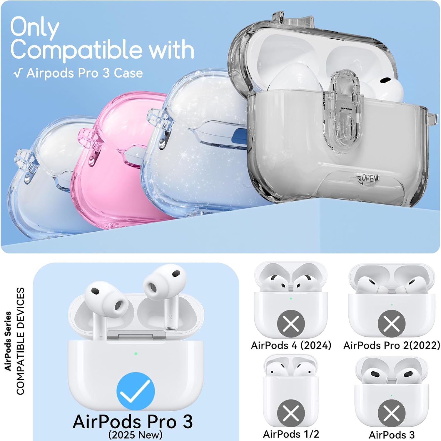 Clear Case for AirPods Pro 3 Case Cover with Safety Lock,Soft TPU Cover with Phone Stand & Cleaning Ki,Cute Bling Keychain for Women Girls-Clear Black thumbnail