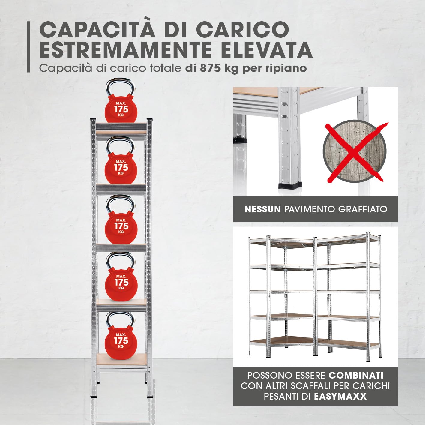 EASYmaxx Scaffale per carichi pesanti, 40 x 40 x 180 cm, portata 875 kg, 175 kg per livello, scaffale e banco da lavoro, scaffale per cantina, garage, sala hobby, officina, 13584