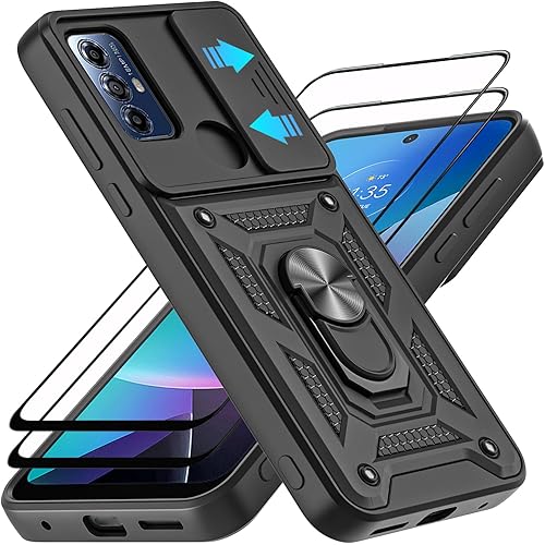 for Moto G Play 2023 Case, with Tempered Glass Screen Protector [2 Pcs] & Slide Camera Cover, 360°Rotation Ring Kickstand [Military Grade] Case. (Black)