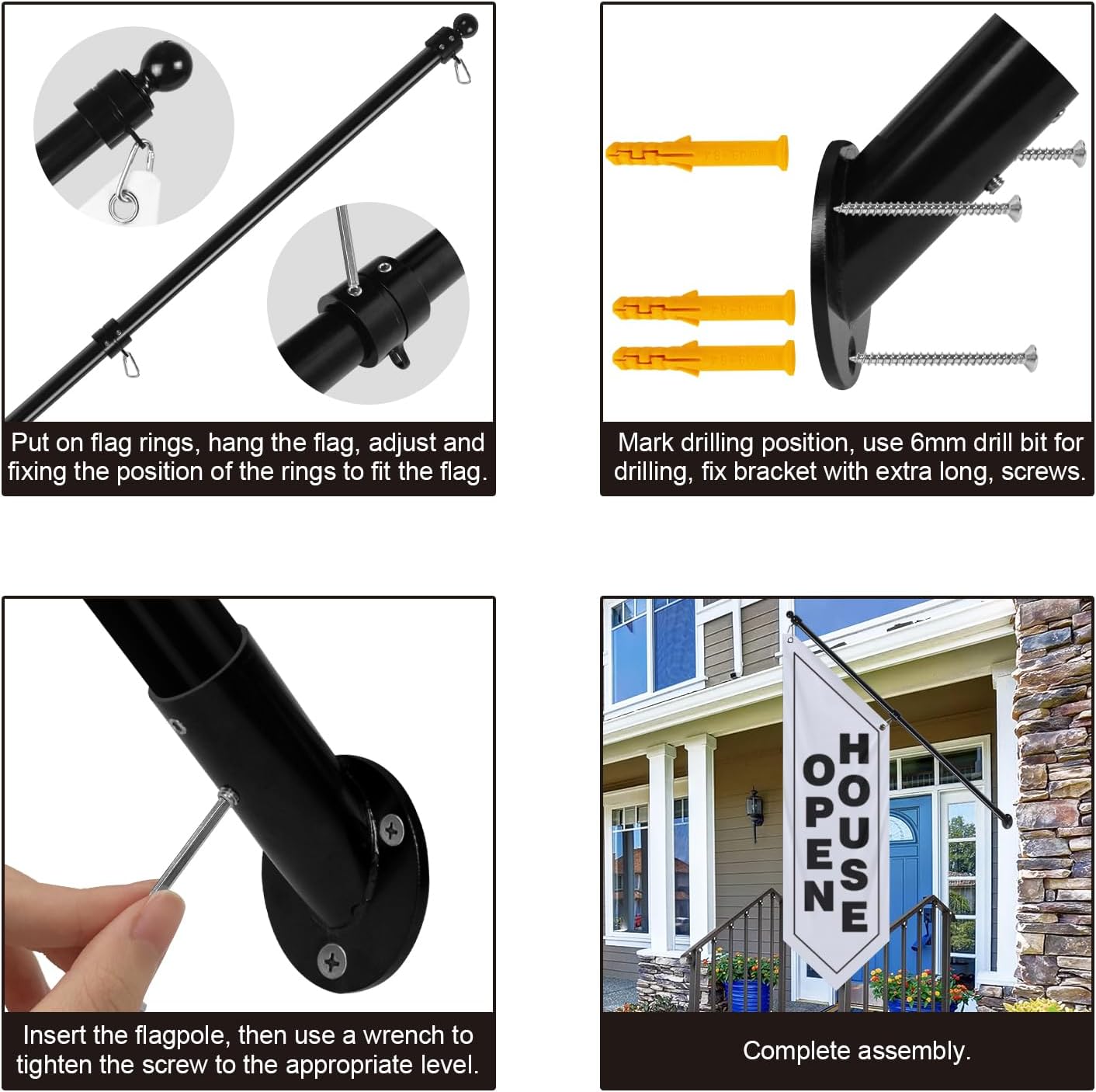 Wall Flag, Double-Sided Open House for Real Estate Flags with Stainless Steel Pole & Wall Mount, Outdoor Open House Sign for Realtors, Homes for Sale or Rent (white-black, 47”)