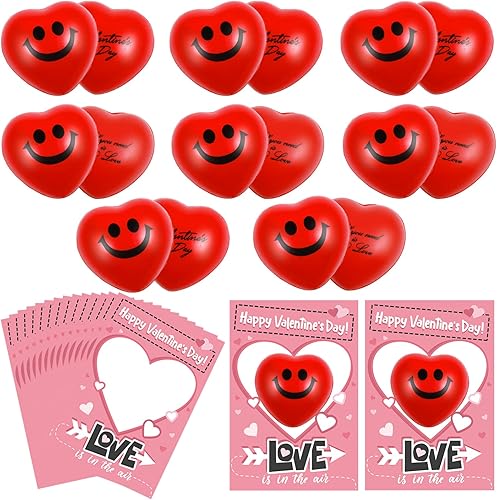 Miniatura 1 de Zonon Paquete de 16 bolas de estrés en forma de corazón con tarjetas para adolescentes y adultos, recuerdos de fiesta de San Valentín, suministros