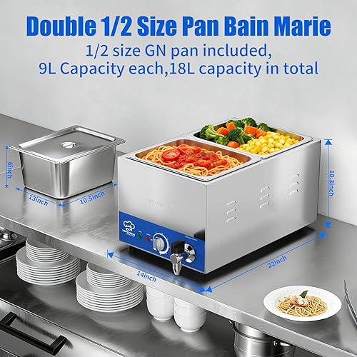 Miniatura 2 de Calentador de alimentos comercial de 2 bandejas con tanque de agua sin fugas que forma estiramiento y 2 bandejas GN de tamaño 12, estación de sopa