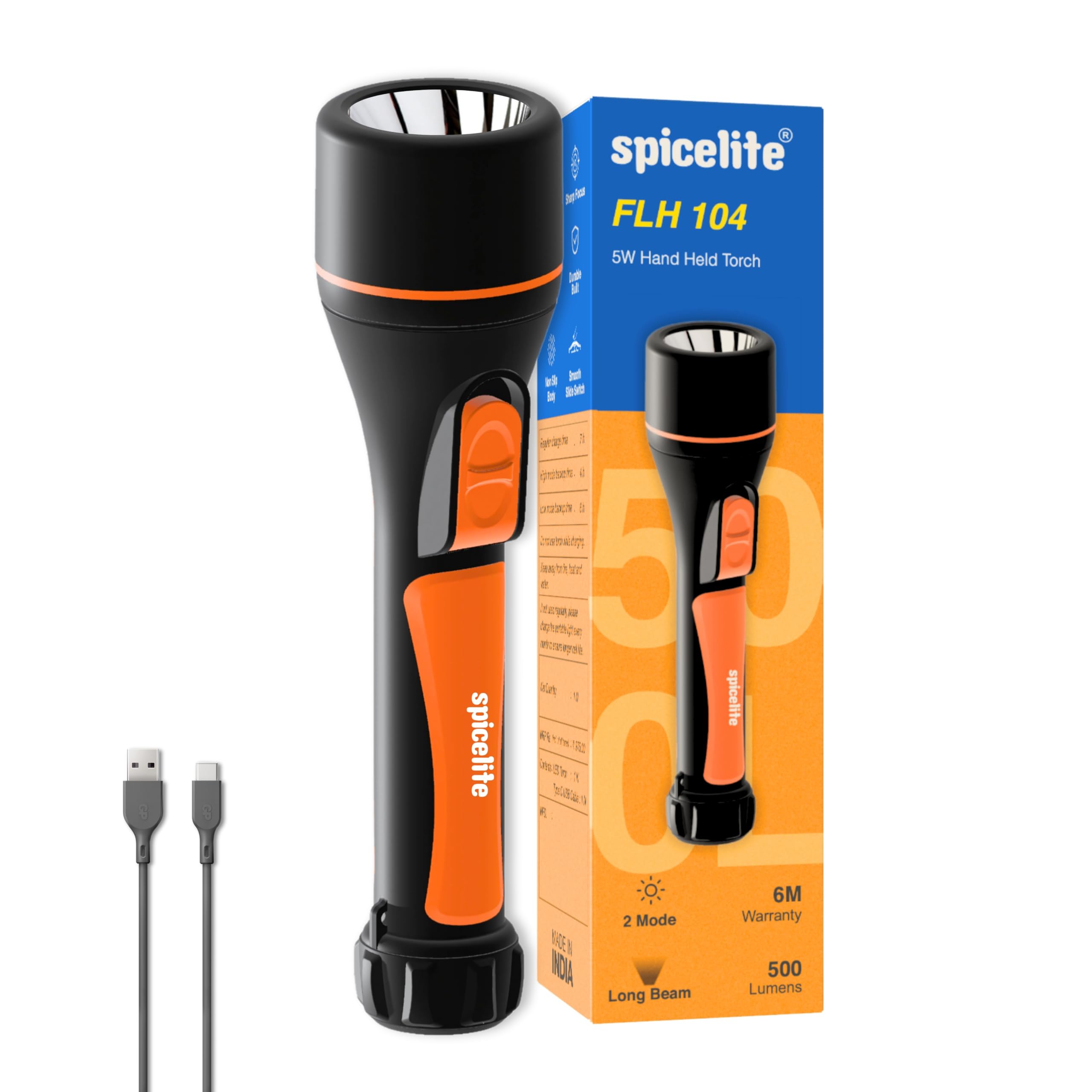Spicelite FLH 104 LED Torch | 6 Hours Runtime | USB-C Rechargeable Flashlight | 2 Light Modes | 500 lumens | Black-Orange Stylish Torch