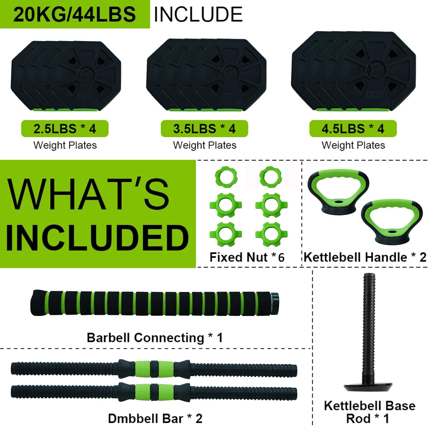 4 in 1 Adjustable Dumbbell Set, 44lbs/66lbs/88lbs Free Weights Dumbbells Set