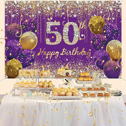Miniatura 3 de Decoración de cumpleaños número 50 para mujer, póster de tela morada, decoración de fiesta de cumpleaños, pancarta de fondo para mujer, decoración