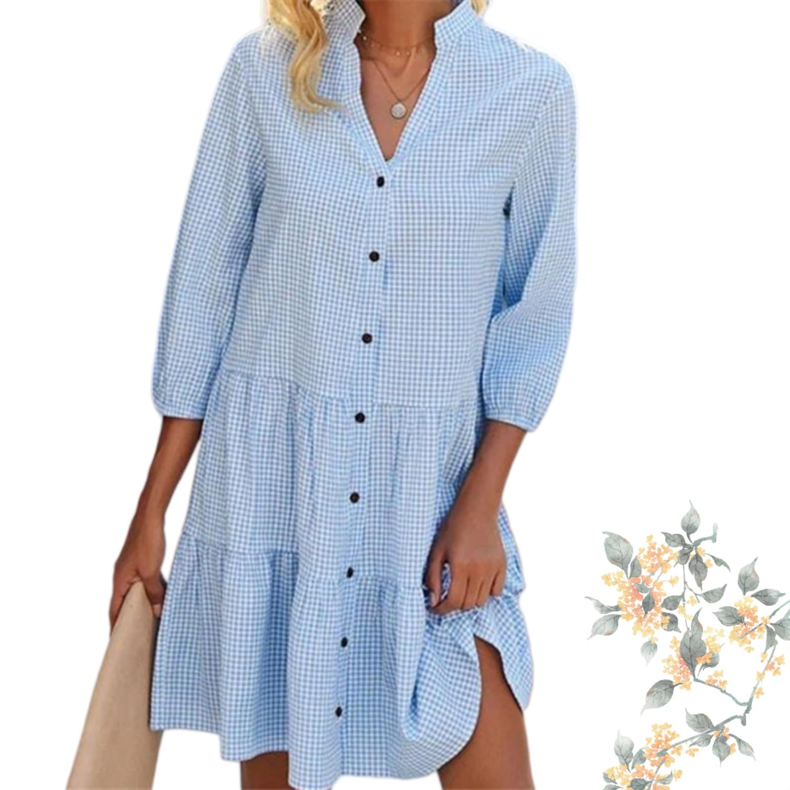 Abito Estivo Casual da Donna a Quadri Vichy, Modello a Trapezio a Balze con Maniche a 3/4 – Leggero e Ideale per Vacanze al Mare