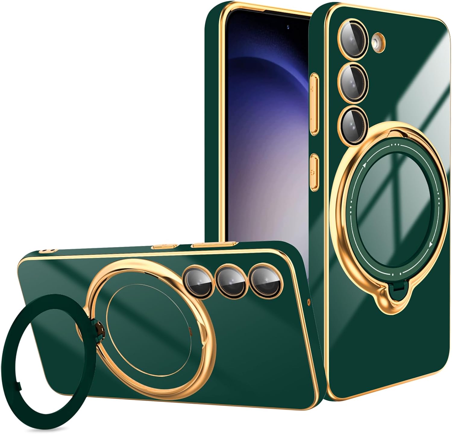 for Samsung Galaxy S23 Case with Magnetic Ring Holder [Compatible with Magsafe] [Built-in Camera Lens Protector] Glitter Electroplated Gold Sides Shockproof Case for Galaxy S23 Green