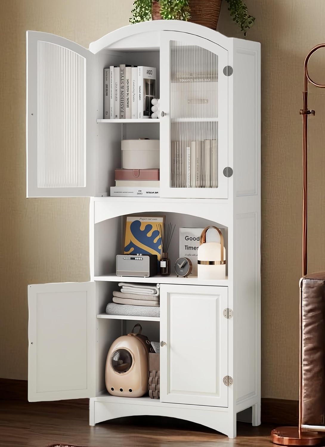 Kitchen Pantry Cabinet 63" with Glass-Door and Adjustable Shelves, White