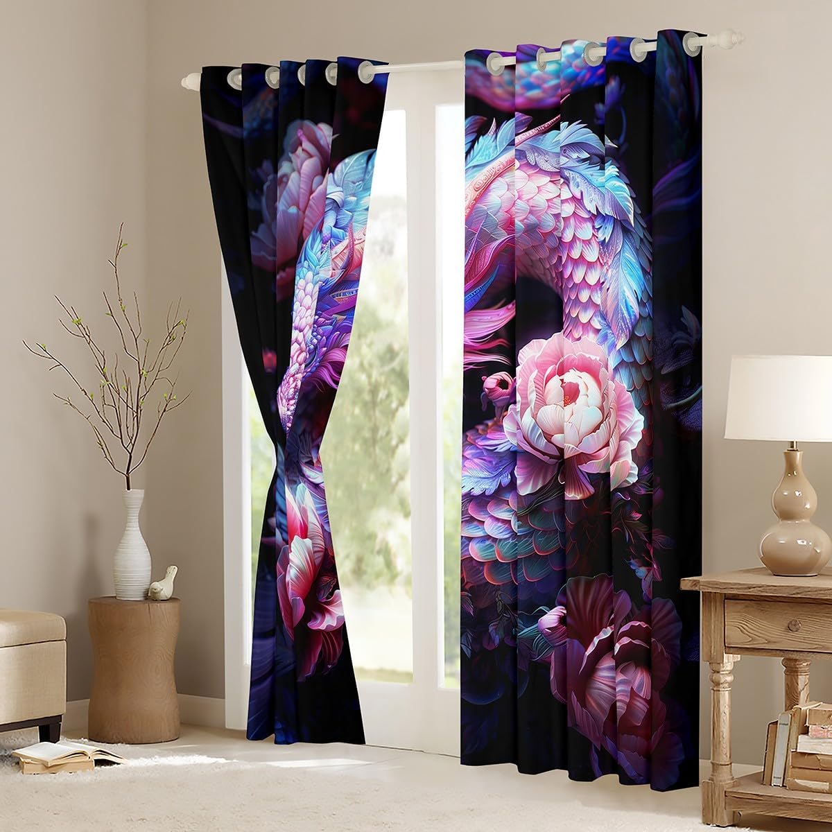 Castle Fairy Western Dragon Window Curtains 3D Magical Wildlife Animal Window Treatments Chinese Style Window Drapes for Kids Romantic Pink Peony Grommet Top 2 Panel Set Bedroom Curtains,52Wx96L inch