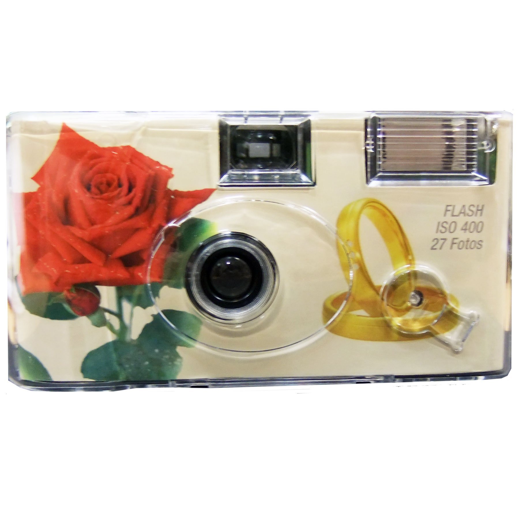 Hochzeitskamera / Einwegkamera Rote Rose mit Ringe (deutsche Bedienungsanleitung, mit Blitzlicht und Batterien, je 27 Fotos, ISO 400 Fuji)