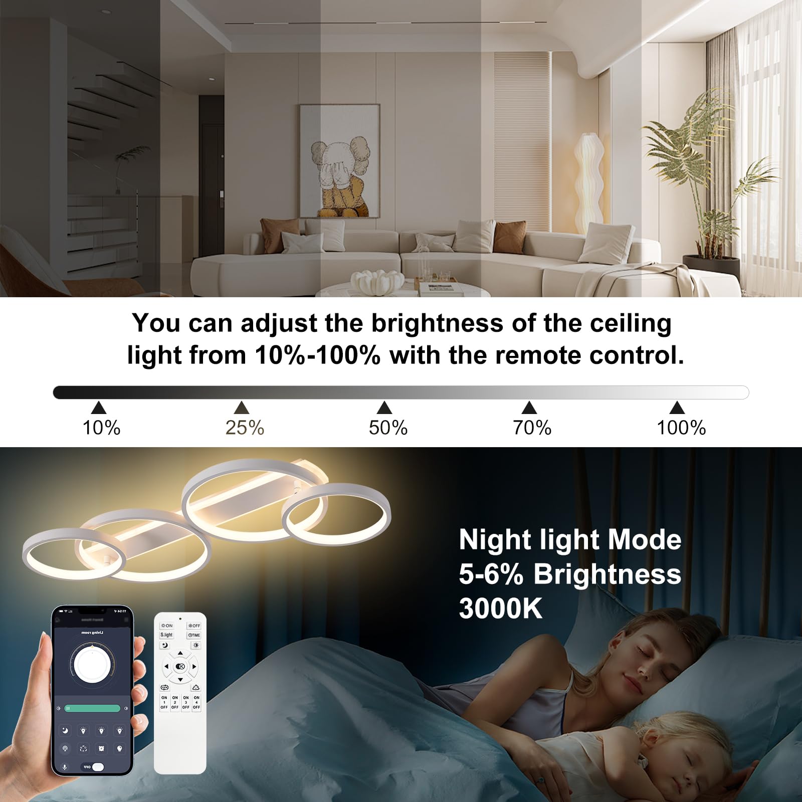 LED Deckenlampe,Dimmbar Deckenleuchte Mit Fernbedienung APP,Einstellbar Ringform Wohnzimmerlampe 4 Flammig Kronleuchter Lampe,48W 3000-6500K deckenbeleuchtung für Schlafzimmer Wohnzimmer,Weiß 86cm