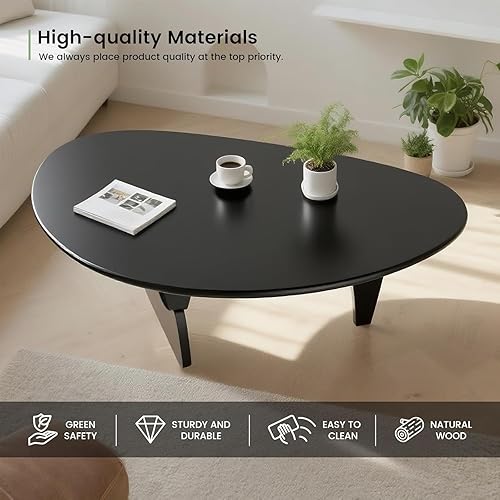 Miniatura 6 de Mesa de centro triangular moderna de madera maciza: mesas de centro únicas para sala de estar, mesas de té abstractas irregulares ovaladas de Negro