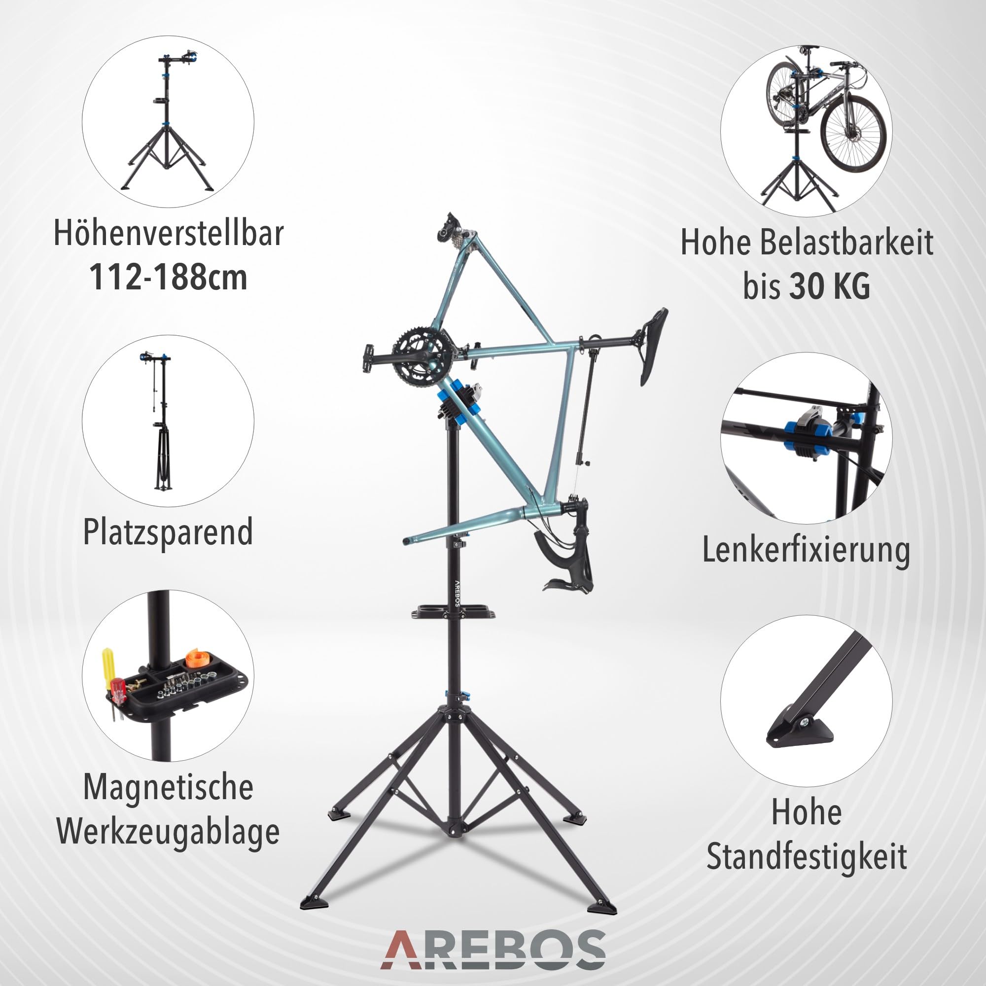 Arebos Fahrrad-Montageständer mit Tasche, 360° drehbar, für Mountainbike, E-Bike und Citybike, mit Schnellspannvorrichtung, Profi-Reparaturständer Schwarz/Blau