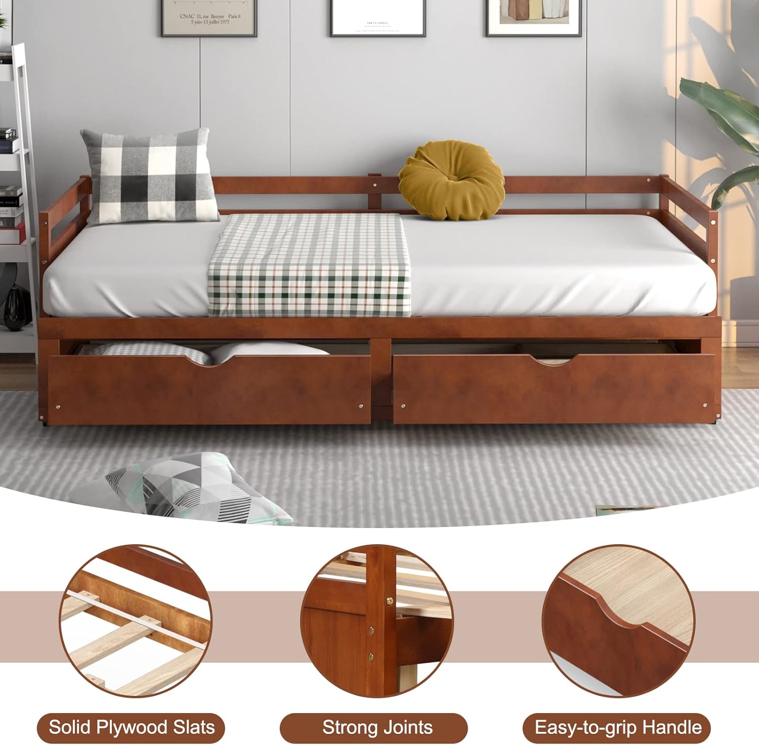 The DORTALA daybed showing the two large under-bed storage drawers, highlighting their capacity and ease of movement with casters.