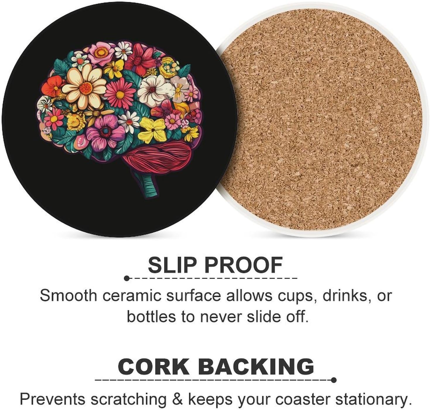 Human Anatomy Brain Colorful Brain Coasters for Drink Round Ceramic Coaster with Cork Base Home Decorative 6PCS